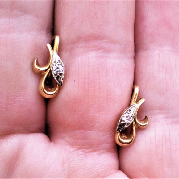 Vintage Soviet USSR Solid 18K 750 Yellow White Gold Diamond EARRINGS - Picture 7 of 8